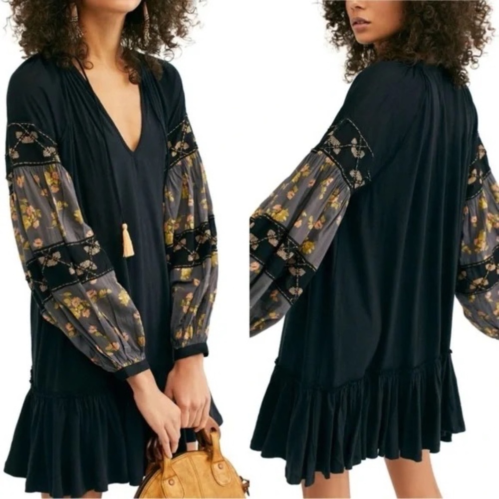 Free People Mix It Up Tunic Babydoll Dress Boho Black M